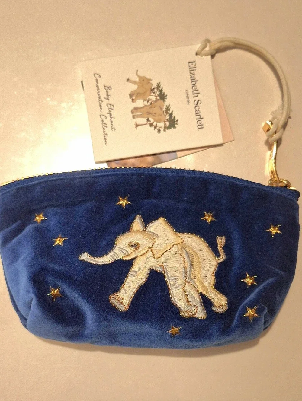 Elizabeth Scarlet Navy Velvet Pouch with Gold-Embroidered Baby Elephant NWT